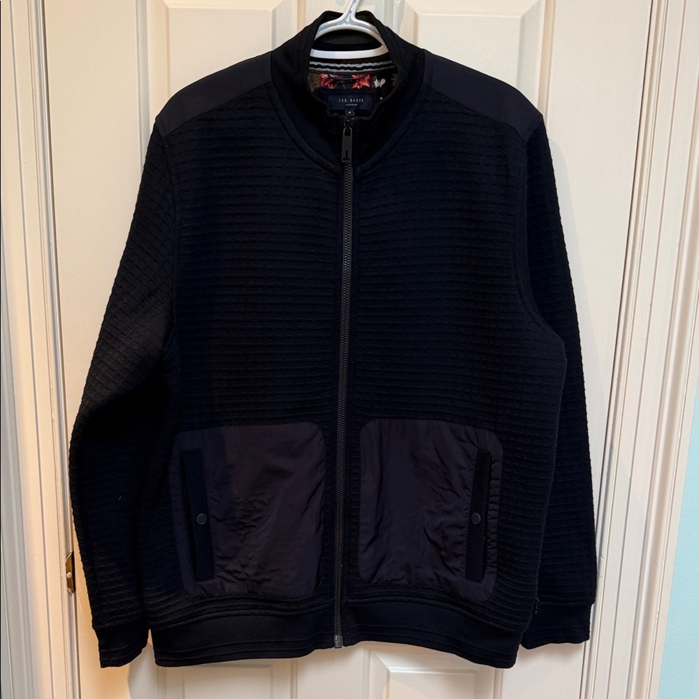 Ted Baker London sz 6 (US XXL) Navy textured zip jacket w big front pockets